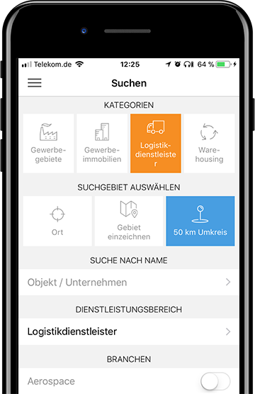 Funktionen innerhalb der Gewerbegebiete-App